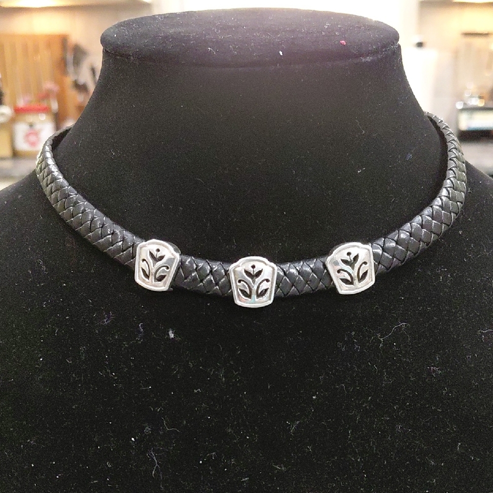 "Brighton" Black Braided Leather Necklace with Silver Floral Accents